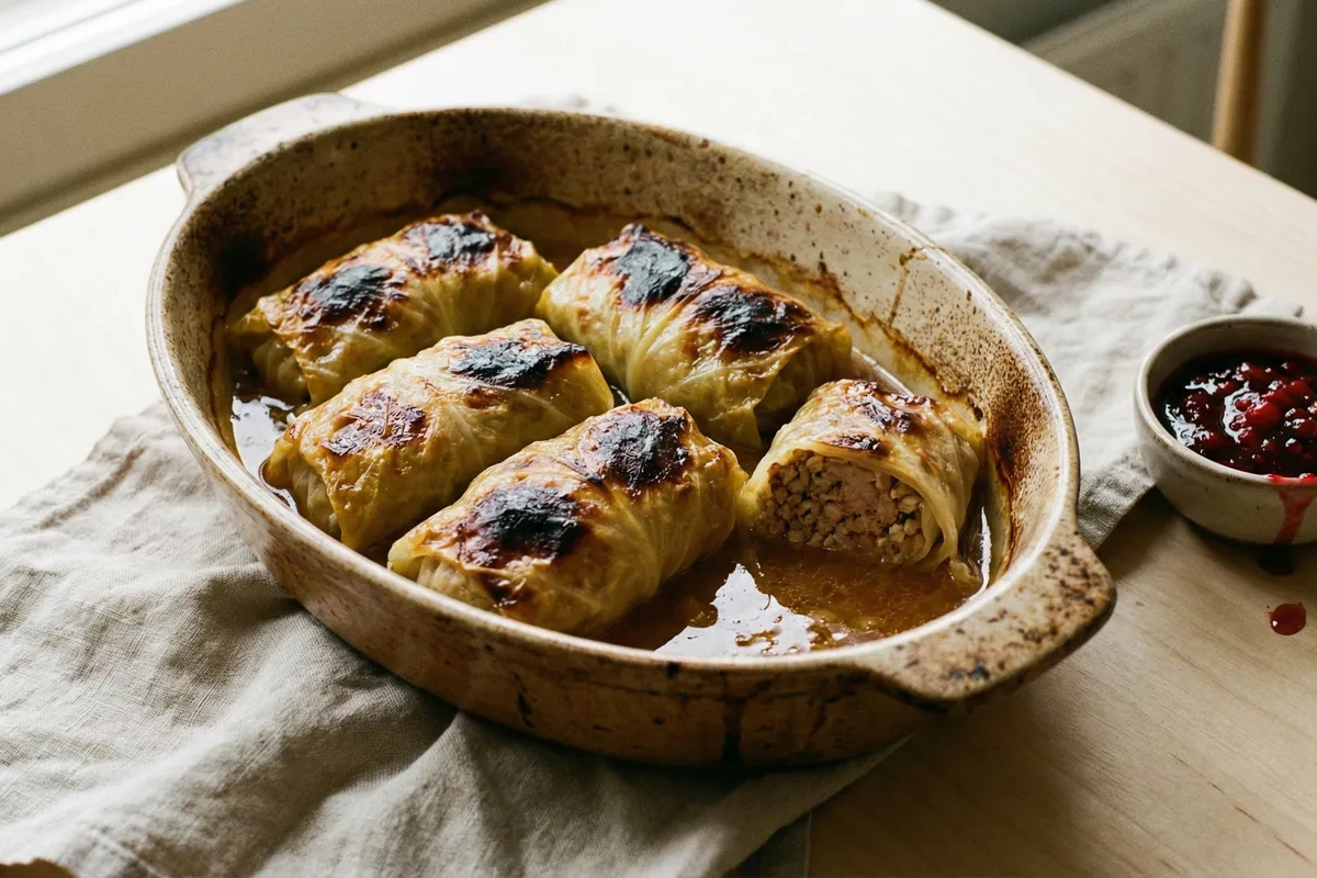Golden-brown cabbage rolls in an oval baking dish with glossy sauce and a side of lingonberry jam