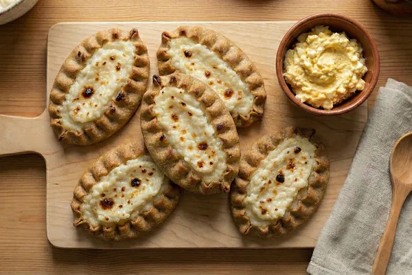 Golden-crusted oval pies filled with rice porridge on a wooden cutting board