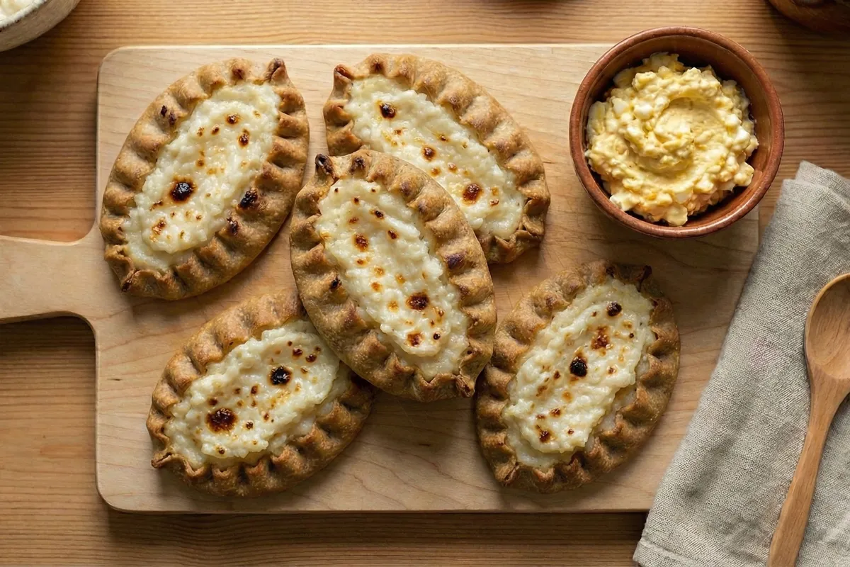 Golden-crusted oval pies filled with rice porridge on a wooden cutting board