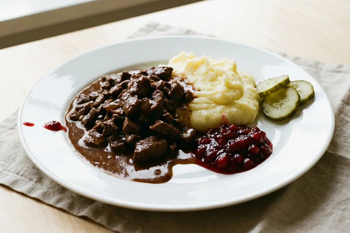 Sauteed reindeer with creamy mashed potatoes, lingonberry jam, and pickled cucumber on a white plate