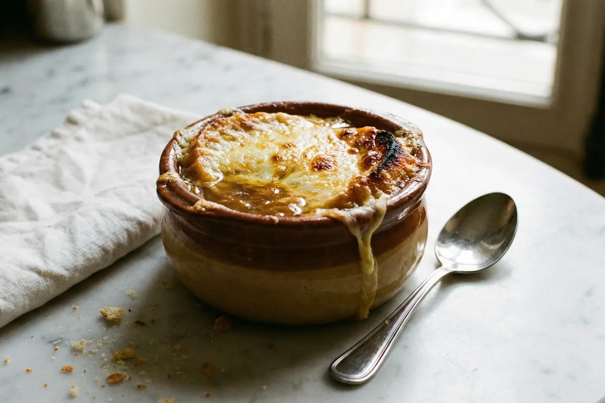 Golden-crusted onion soup in a deep earthenware crock with melted cheese stretching over the rim on a marble surface