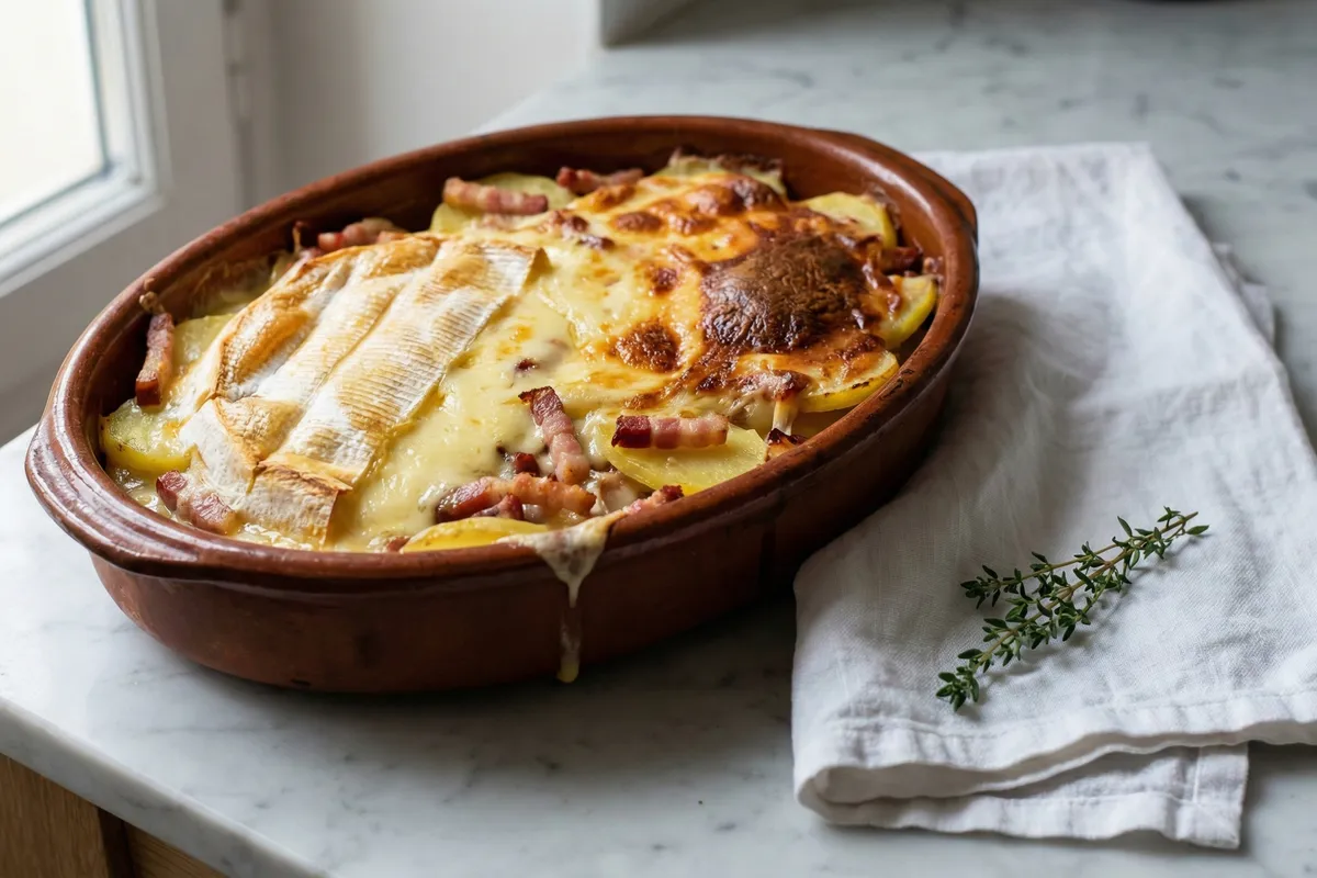 Bubbly golden-topped potato gratin with melted cheese in a rustic earthenware dish on a marble surface