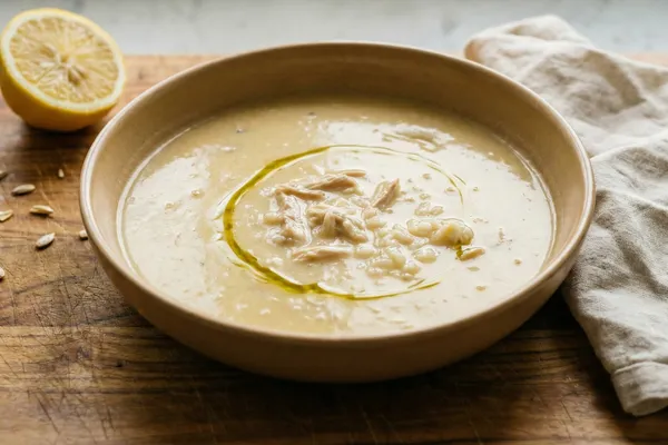 Creamy pale golden soup with shreds of chicken and rice in a warm ceramic bowl on olive wood