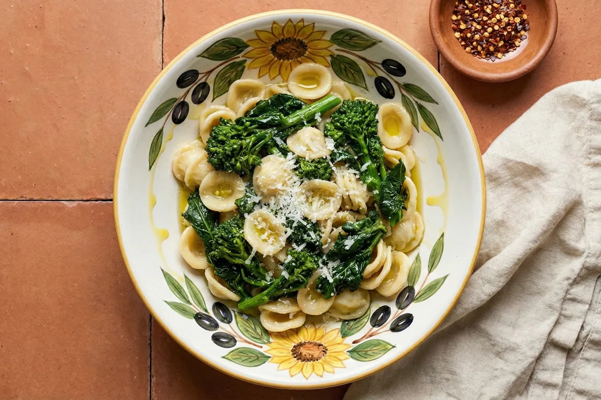 Orecchiette pasta with dark green broccoli rabe in a hand-painted ceramic bowl on terracotta tile