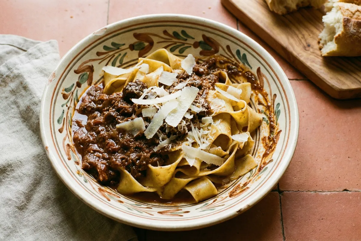 Wide pappardelle ribbons with dark wild boar ragu and grated cheese in a hand-painted ceramic bowl on terracotta