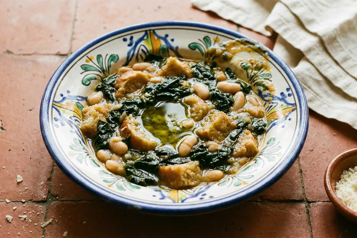 Thick bread soup with dark kale and white beans in a hand-painted ceramic bowl on terracotta tile