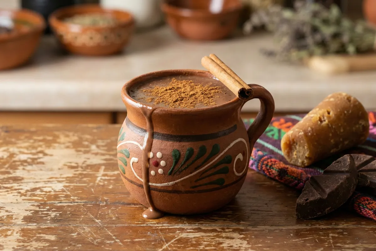 Thick dark chocolate drink in a traditional clay mug with a cinnamon stick on a weathered wood surface
