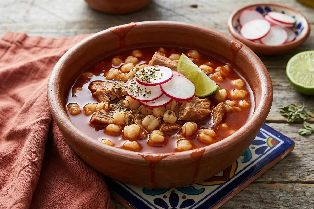 Red chile pork and hominy stew in a deep earthenware bowl with radishes, oregano, and lime on a wooden table